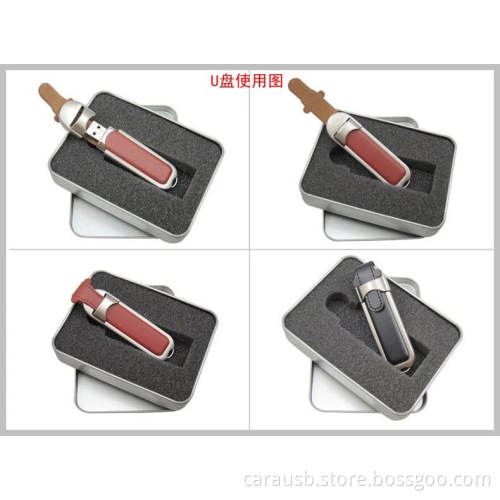 Steel edge inlaid leather case custom gift Usb flash disk gifts elongated shape